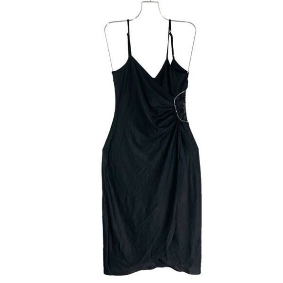 BEBE Vintage Y2K Sexy Black Wrap Look Dress Sheer Lace Rhinestones - Picture 1 of 13